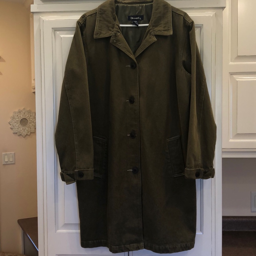 Denim & Co long heavyweight olive green denim jacket size Large - Picture 3 of 8